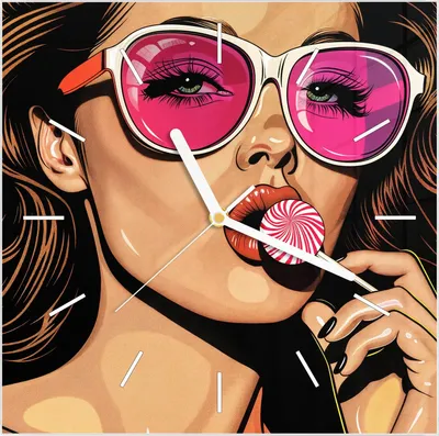 Produktbild von Wanduhr aus Glas mit Motiv Frau Mit Lollipop- 30 x 30 cm - inkl. Aufhängesystem