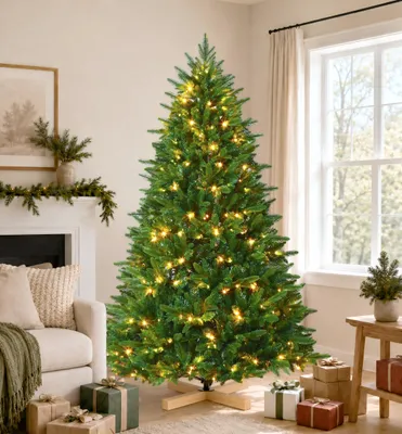 Produktbild von Künstlicher Weihnachtsbaum mit LED Lichterkette und Holzfuß 180 cm, realistischer PE PVC Christbaum, festliche Weihnachtsdekoration für Zuhause