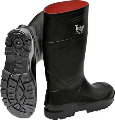 A pair of black rubber boots with red lining, shown from the side and sole view.