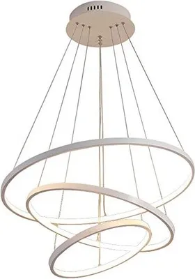 A white LED pendant light with three rings of different sizes, suspended from a circular ceiling mount.