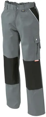A pair of gray and black work pants shown against a white background.