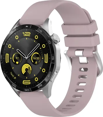 A smartwatch with a pink strap is shown against a white background.