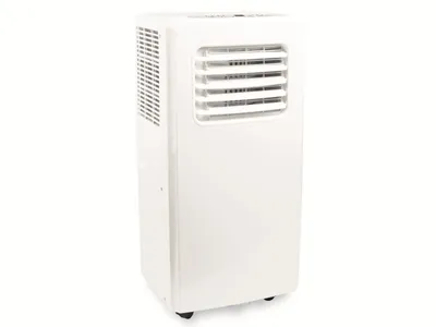 A white portable air conditioner unit with vents on the front and side, set against a white background.