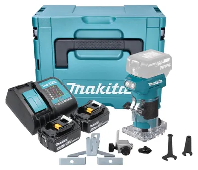 Obrázok produktu pre Makita DRT 52 SFJ akumulátorová fréza na hrany 18 V 6 mm bez kefiek + 2x akumulátor 3,0 Ah + nabíjačka + Makpac