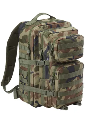 A camouflage backpack is shown against a white background.