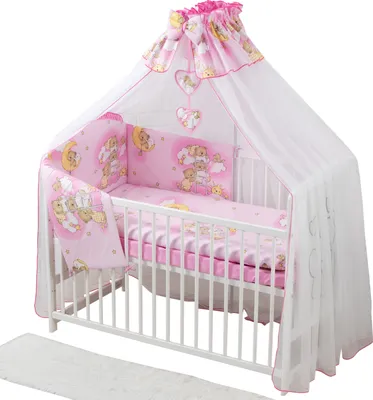 Produktbild von Babybettwäsche Komplettset 10 Teilig ohne Bett für Bettchen in Größe 70x140 aus 100% Baumwolle inkl. Moskitonetz - Rosa  Teddybär auf Leiter