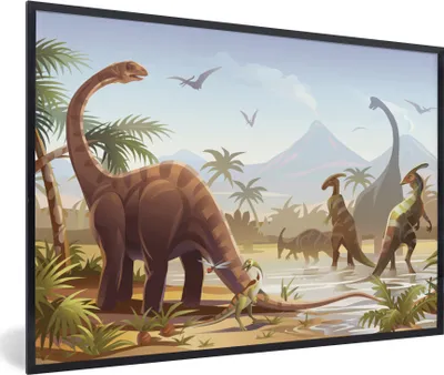 Produktbild von MuchoWow® Gerahmtes Poster Dinosaurier - Landschaft - Tropisch - Kinder - Jungen 90x60 cm - Poster mit Schwarzem Bilderrahmen Wandposter Rahmen Foto Bilder - Fotorahmen - Foto-Plakat