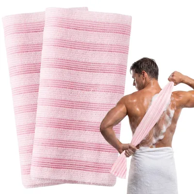Image de Serviettes pour peeling, lot de 2, extra longues, rayées roses, en polyester