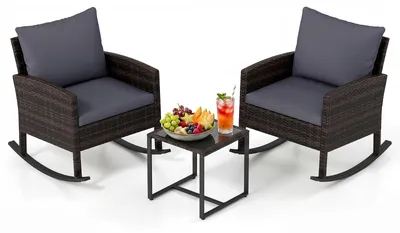 Produktbild von KOMFOTTEU 3-teiliges Gartenmöbel Set, 2 Rattan Schaukelstühlen mit Couchtisch, Outdoor Sitzgruppe mit Metallrahmen, weichen Kissen, Terrassenmöbel, Balkonmöbel, für Balkon, Garten, Pool
