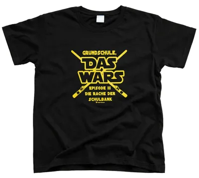 Schwarzes Kinder T-Shirt mit gelbem Schriftzug „Grundschule das wars“ im Star Wars Stil auf weißem Hintergrund.