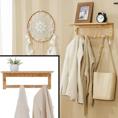 Produktbild von Wandgarderobe Bambus Holz mit 4 Haken - aus Holz angefertigte Garderobe für die Wand - Hängendes Gestell für Bad, Flur, Kleiderschrank - Decopatent