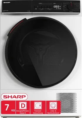 Produktbild von Sharp KD-WNHB7S9GWD-DE Wärmepumpentrockner, 7 kg, WiFi, Super Silent Zweifachverglasung, BubbleDrum, LED-Trommellicht, 15 Programme, Klasse D