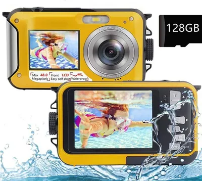 Produktbild von 2,7K Unterwasserkamera, 48 MP, Autofokus wasserdichte Kamera, Dual Screen Selfie Kamera, schwimmfähige Digitalkamera mit 128 GB Speicherkarte