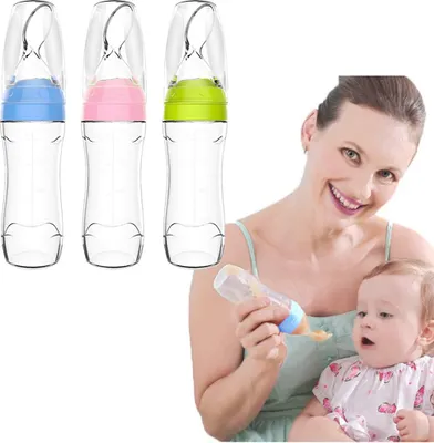 Produktbild von Baby-Silikon-Quetschflasche mit Löffel, Lebensmittelabgabe, Entwöhnungssaft, Müsli, Reisbrei