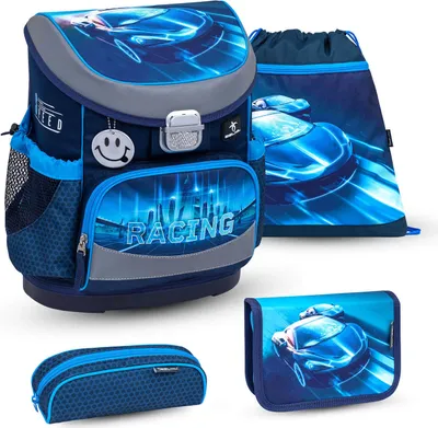 Produktbild von Belmil Mini-Fit ergonomisches Schulranzen-Set 4-teilig  "Racing Blue Neon" mit Brustgurt