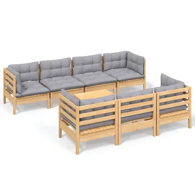 Image de Salon de jardin 8 pcs avec coussins gris Bois de pin massif