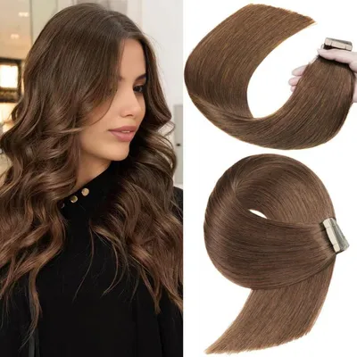 Immagine prodotto di Estensioni per capelli a nastro, capelli veri, 40 pezzi, 35 cm, color cioccolato, Remy, setosi, lisci