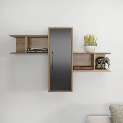 Produktbild von Skye Decor, Moderne Wandregal in Walnuss und Schwarz, 118,6 x 35 x 51,8 cm | 100% melaminbeschichtete Spanplatte, 18 mm dick | Stilvolles und funktionales Design für Ihr Zuhause.