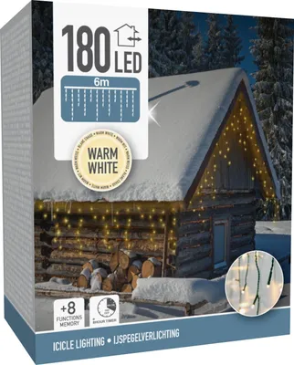 The image shows the packaging of LED icicle lights, with a winter scene of a log cabin decorated with the lights.