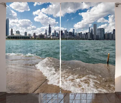 Produktbild von ABAKUHAUS Chicago Rustikaler Gardine, Chicago Skyline und See, Schlafzimmer Kräuselband Vorhang mit Schlaufen und Haken, 280 x 175 cm, Mehrfarbig