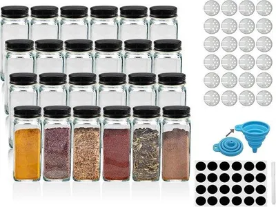 Produktbild von Famanu Gewürzgläser Set 24x 120 ml mit quadratischen Glasbehältern und Metallverschlüssen - Schwarz