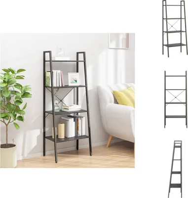 A black ladder shelf with books and decorative items on it, placed next to a white sofa.