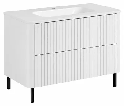 Produktbild von Badezimmerschrank 80, Weiß, mit Waschbecken, Beine schwarz, 80,7 x 44,4 x 64,9 cm, KI-generiertes Bild