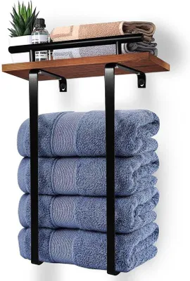 Immagine prodotto di Portasciugamani da bagno a parete in acciaio inossidabile con pannello in legno per bagno e cucina (42,5 cm, nero opaco)