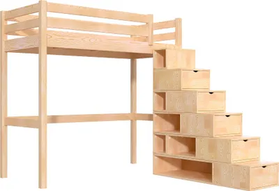 Produktbild von Hochbett holz mit Treppenregal Sylvia - 90x200 - Naturlack