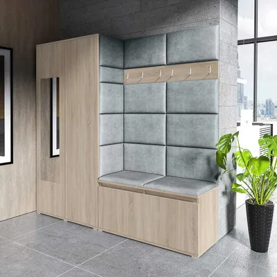 Produktbild von Garderoben-Set "CLEO", Moderner Kleiderschrank mit Polsterplatten und Schuhschrank – Ideal für Flur und Eingangsbereich (Sonoma Eiche, Trinity 14)