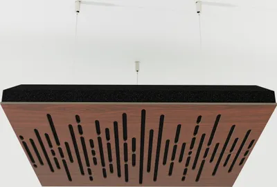 Obrázok produktu pre 2-dielne akustické stropné panely "WAVE-C" s montážnou sadou | Absorpcia - Difúzia - Odraz - Zvuková izolácia - Izolácia | Akustický panel Cloud | 50x50x5cm | Farba: Orech