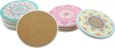 Immagine prodotto di FRANK FLECHTWAREN Sottobicchieri Mandala, set di 10, varietà di colori, porcellana, lato inferiore in sughero per proteggere i mobili, dimensioni: Ø 10 cm, non lavabile in lavastoviglie