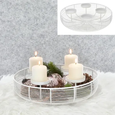 Produktbild von Adventskranz Strebenoptik weiß Eisen Ø36,5x10cm Metall-Kerzenhalter Weihnachtsdekoration Adventskerzen Gitterschalenform für 4 Kerzen
