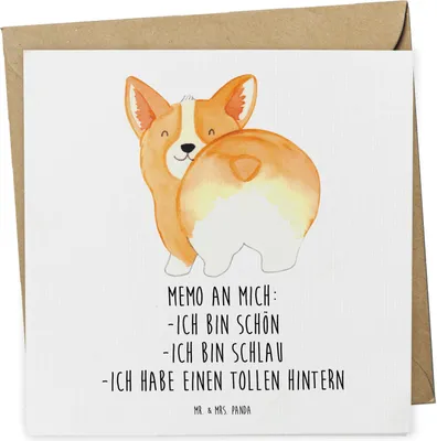 Produktbild von Mr. & Mrs. Panda Glückwunschkarte Corgi Po - Weiß - Geschenk, Hund, Positiv, doppelkarte, faltkarte, anlasskarte, Grußkarte, Spruch, Selbstliebe, Klappkarte