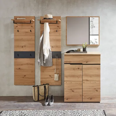 Produktbild von Garderoben Set mit Spiegel und 2 x Garderobenpaneel MANRESA-36 in Artisan Eiche Nb. mit Graphit