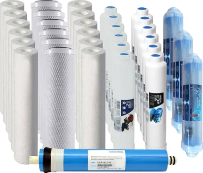 A collection of water filter cartridges and a reverse osmosis membrane.