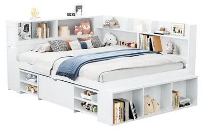 Productafbeelding van Kinderbed 140x200 cm, wit, gemaakt van multiplex. Enkelbed 140x200 met opbergruimte, boekenkast en lattenbodem voor de slaapkamer