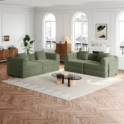 Zdjęcie produktu dla [Opatentowana konstrukcja] Rozkładana sofa typu chenille 2 w 1 z schowkiem w podłokietniku, trzema metalowymi stelażami i wieloma możliwościami konfiguracji, turkusowa