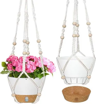 Immagine prodotto di Vaso sospeso in macramè da 20 cm per piante, per interni ed esterni, con sistema di auto-irrigazione, bianco