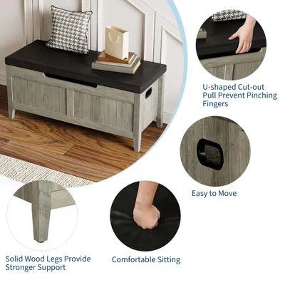 Image de Banc de rangement - 100 cm - Assise rembourrée - Couvercle rabattable - 2 charnières de sécurité - Bois - Gris clair
