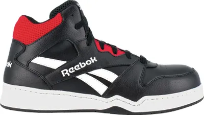 A side view of a black, red, and white Reebok high-top sneaker.