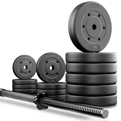 Produktbild von TREX SPORT Langhantel Set | Hantelset 46kg mit Langhantelstange 150cm, Kunststoff Hantelscheiben, Sternverschlüsse, langlebig | Home Gym Krafttraining