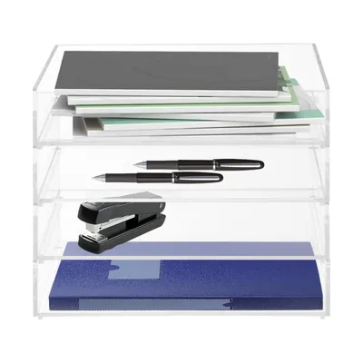Zdjęcie produktu dla 4-poziomowy akrylowy organizer do przechowywania na biurko 31,5 * 22 * 26 cm z możliwością układania w stos (przezroczysty)