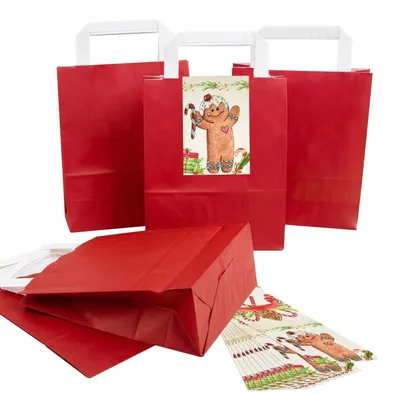 Produktbild von Rote Henkeltüten 18 x 8 x 22 cm mit Weihnachtsbanderole „Lebkuchenmann“50 Stück