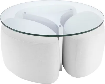 Produktbild von Casa Padrino Luxus Couchtisch Weiß / Silber Ø 104 x H. 46,5 cm - Runder Edelstahl Wohnzimmertisch mit Glasplatte und 3 eleganten Sitzhocker - Wohnzimmer Möbel - Luxus Möbel