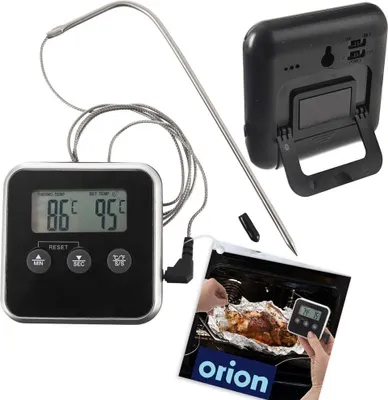 A digital kitchen thermometer with a probe is shown next to a picture of a person using it to check the temperature of food in an oven.