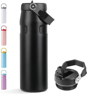 Image de Bouteille isotherme avec poignées, 720 ml, en acier inoxydable sans BPA, hermétique, adaptée aux boissons gazeuses, avec poignées et bouchon à vis, bouteille isotherme à double paroi pour le sport, l'école et le bureau