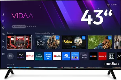 A smart TV screen displaying a user interface with various apps and recommended content.