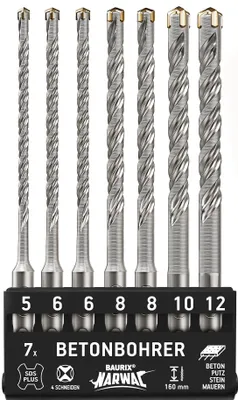 Produktbild von BAURIX® SDS Plus Metallbohrer-Set [7-teilig] - NARWAL® Metallbohrer - müheloses Bohren von Beton - Metallbohrer-Set 5,6,8,10,12 mm - Länge 160 mm