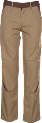 A pair of khaki and brown work pants shown front-on against a white background.